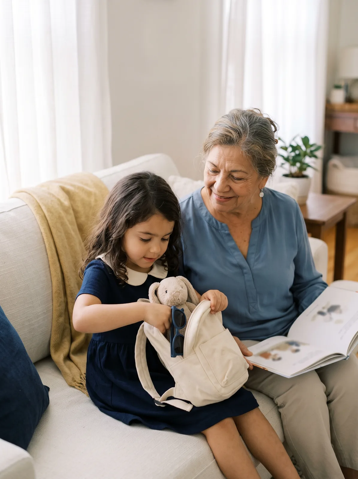 A child packing a backpack while a grandparent reads with them